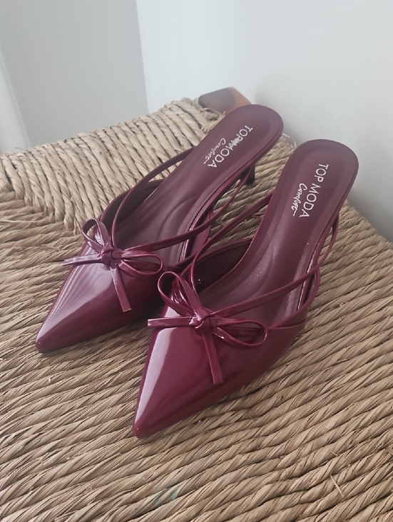 TOP Moda Shoes - Top Moda Burgundy Pointed Bow Slingback Kitty Heels